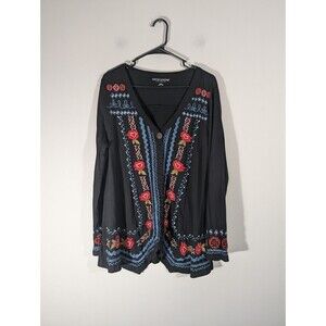 Soft Surroundings Jacket Women L Black Floral Embroidered Relaxed Boho Cardigan